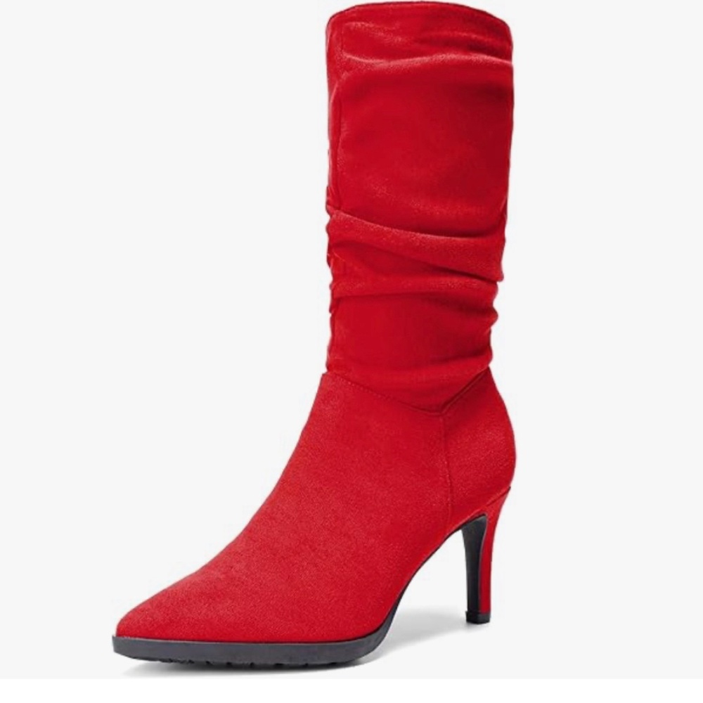 *NEW* SEXY RED HOT SUEDE MID CALF SLOUCH BOOTS ZIP FASHION WITH BLACK SOLE